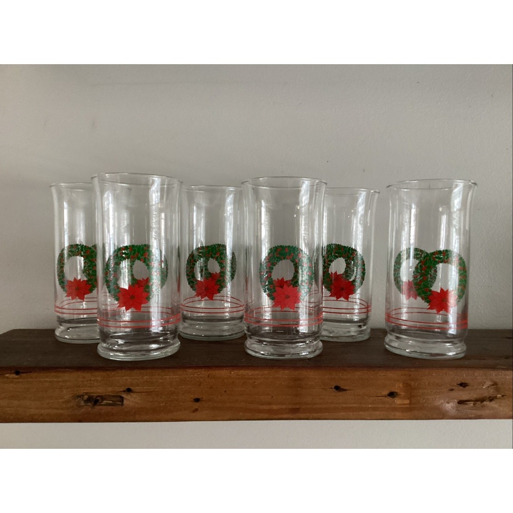Set of (6) Vintage Libbey Holiday Christmas Wreath 12oz Tumbler Drinking Glasses